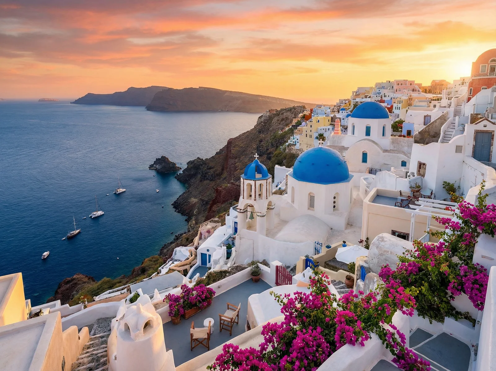 Santorini, Greece — whitewashed Cycladic architecture overlooking the caldera at sunset