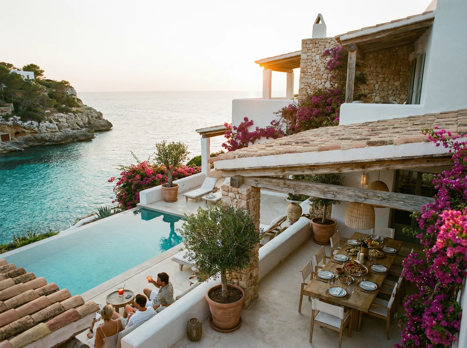 Ibiza, Spain — terracotta villa terrace overlooking a turquoise cove